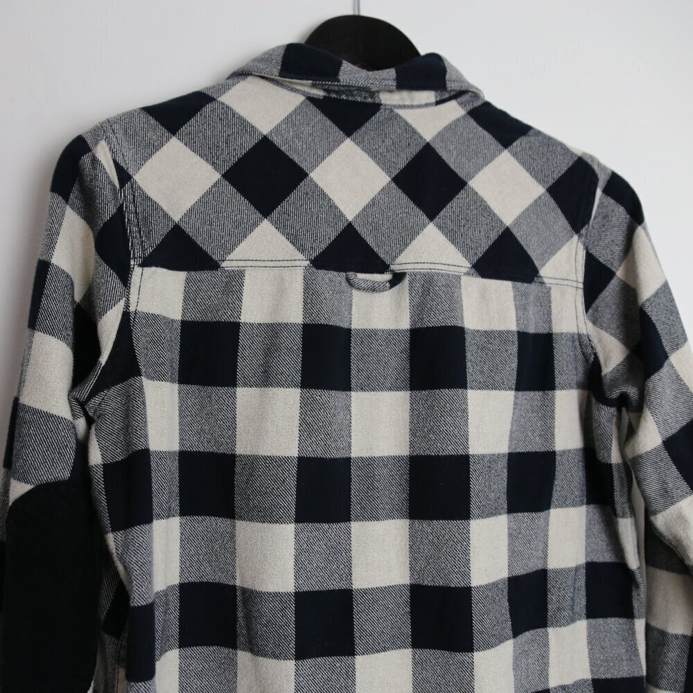 Roots Mens Plaid Elbow Patch Flannel Long Sleeve Shirt Size Small Cream Black - Picture 6 of 9